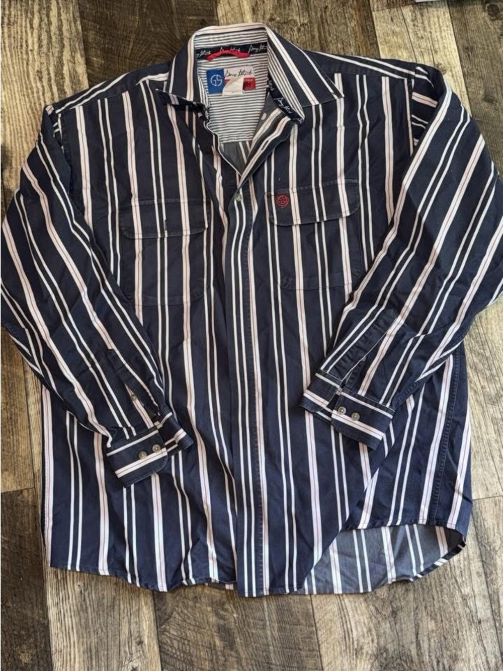 Wrangler Navy, White & Red Striped Button-Up Shirt
